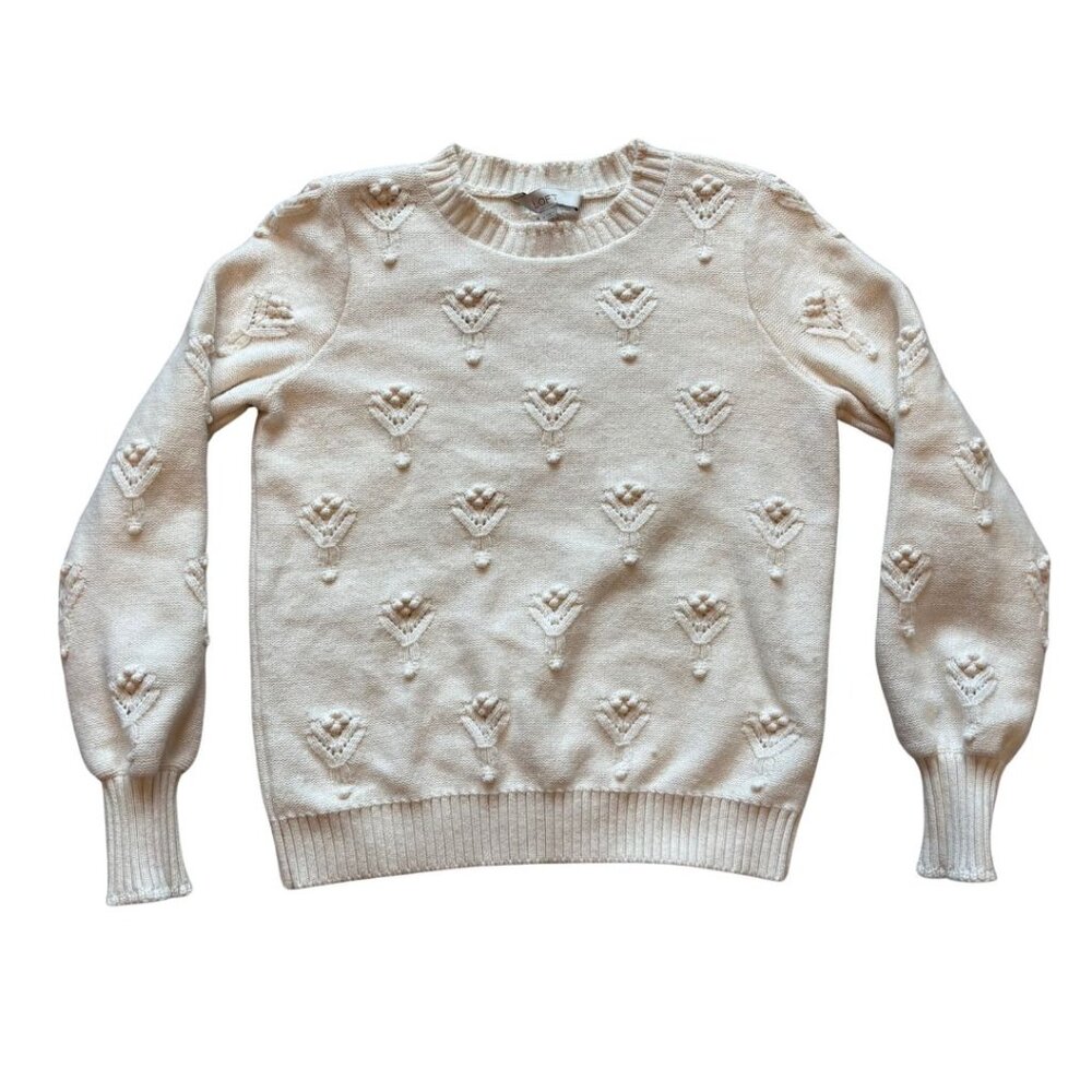 LOFT Cream Textured Bobble Knit Sweater M Floral Pullover Cottagecore Minimalist